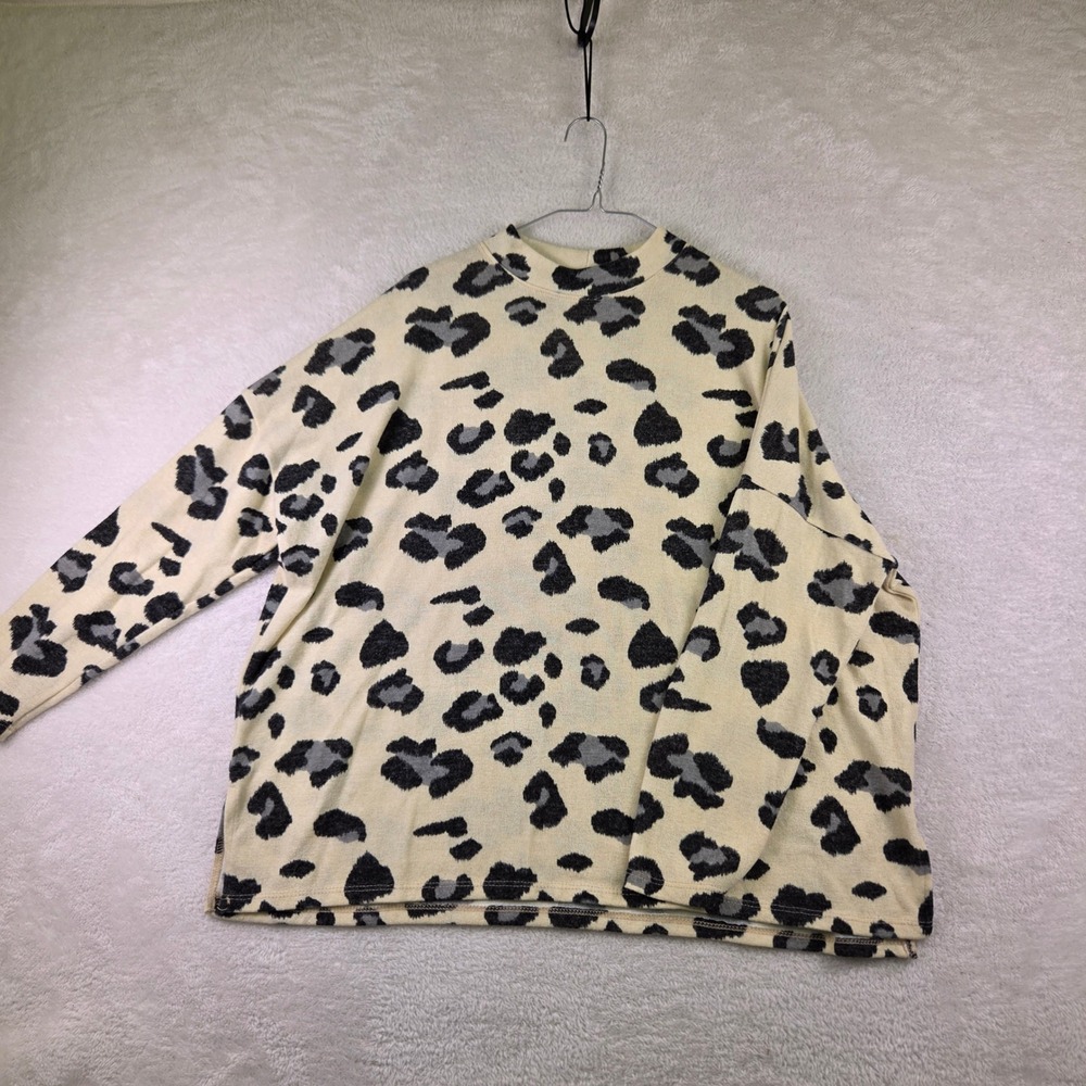 Oversized Leopard Print Mock Neck Sweater Top Cream Grey Black Long Sleeve